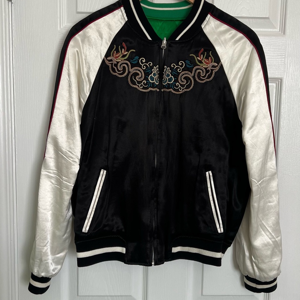 Reversible Embroidered Black and White Women's Bomber Jacket
